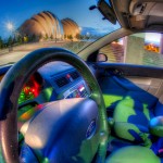 Kauffman Center from interior of car
