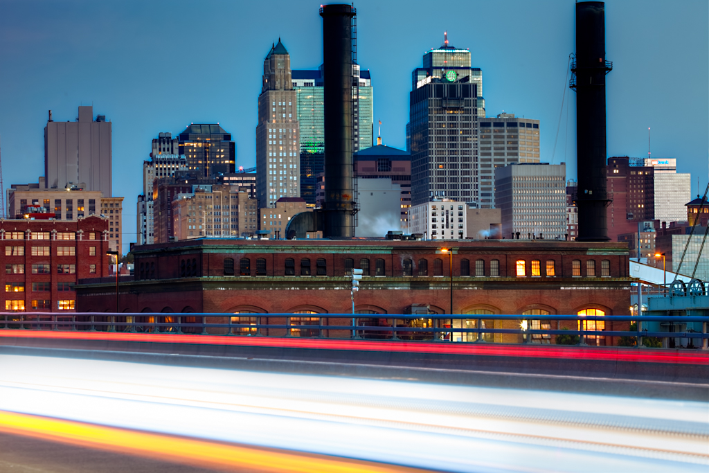 Kansas City Skyline at Dusk with traffic motion light trails