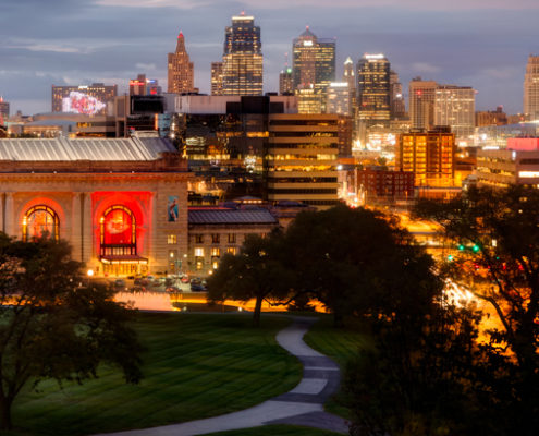 Kansas City Skyline at Dusk with Chiefs Red Lighting