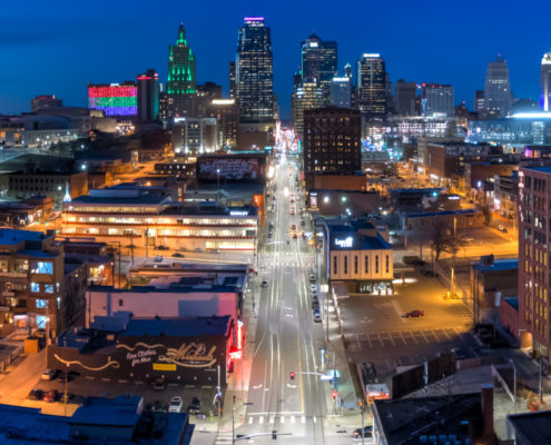 Kansas City Skyline Dusk Panorama Above Main Street