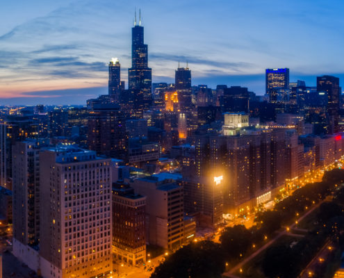 Chicago Loop Skyscraper Dusk Aerial Photo
