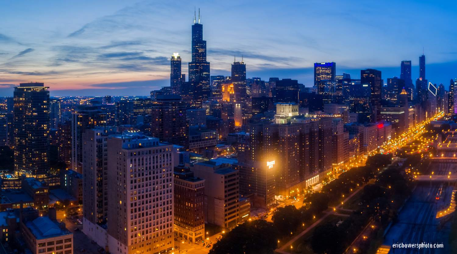 Chicago Loop Skyscraper Dusk Aerial Photo