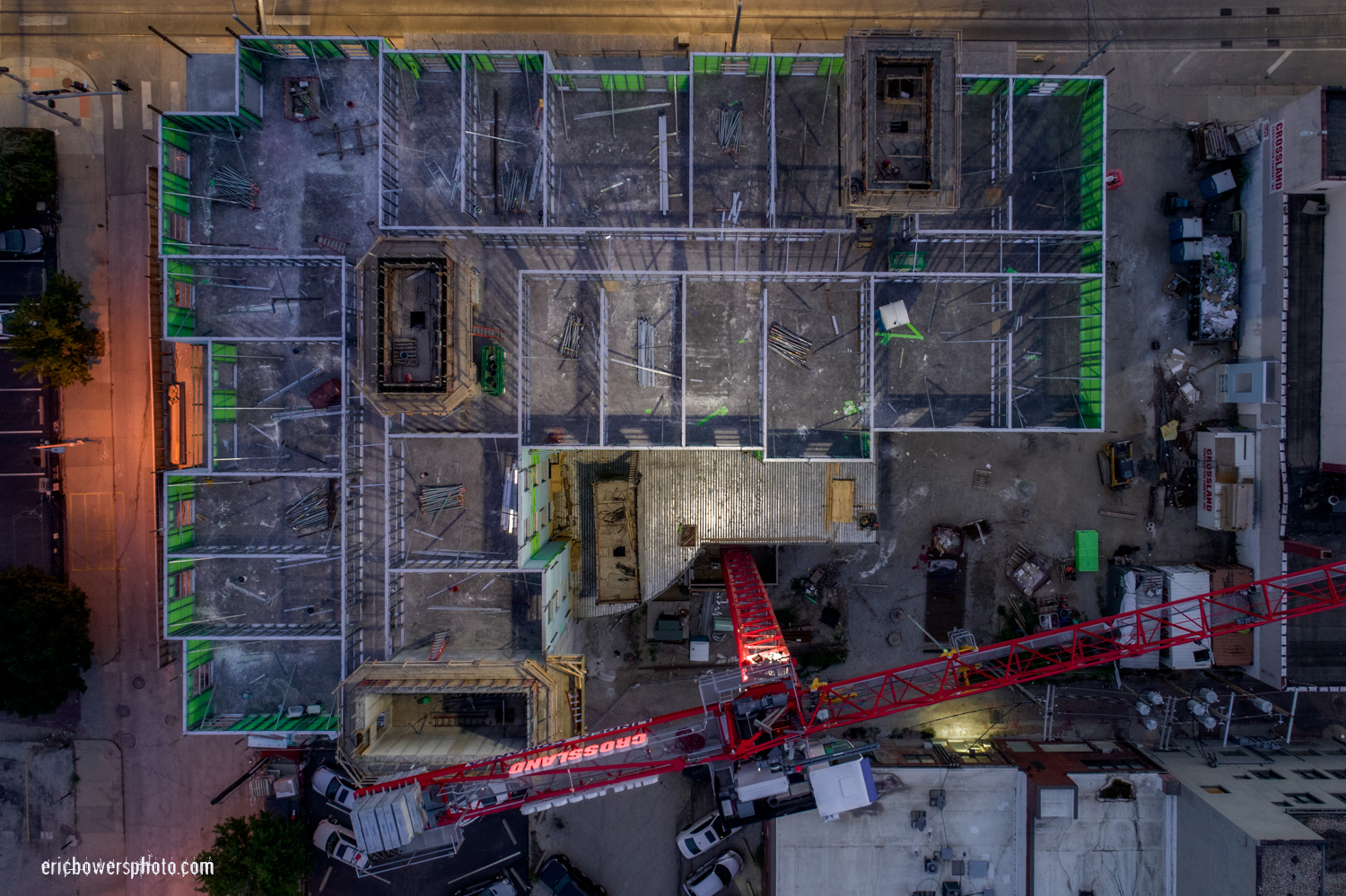 Flying Camera Above Kansas City Construction Site OR A Flying Camera Above Central Bank Quantitative Easing; A new-fangled Hampton Inn at approx. 16th and Main, Kansas City, Missouri; post foundational yet pre-roofing. Summer 2018. 