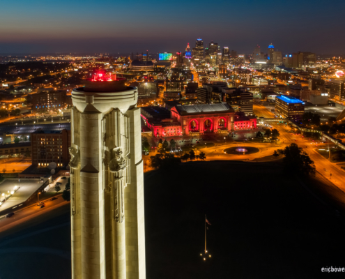 Kansas City Downtown Liberty Memorial Dusk Aerial